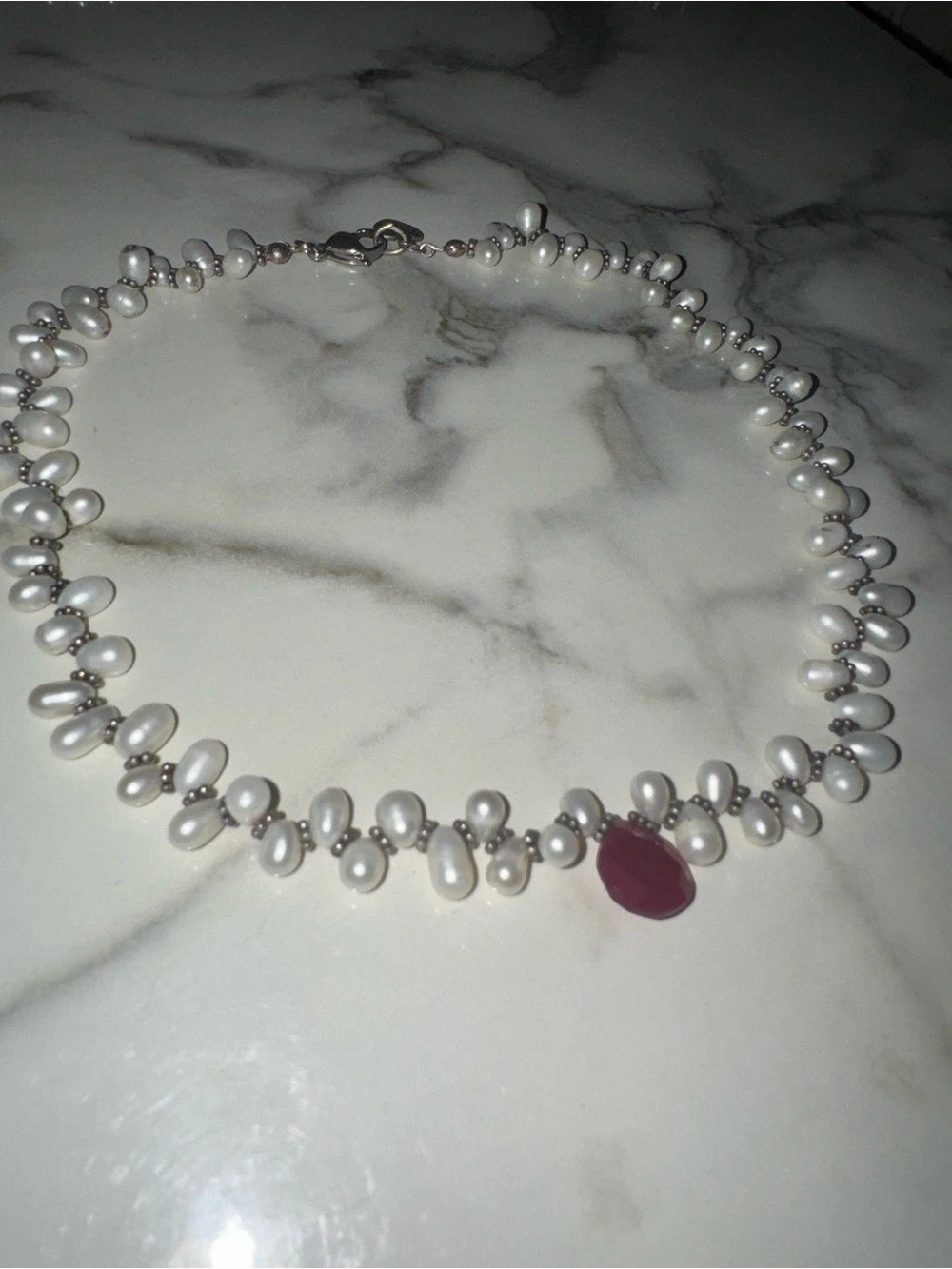 Pearl Necklace with Ruby- Like Pendant